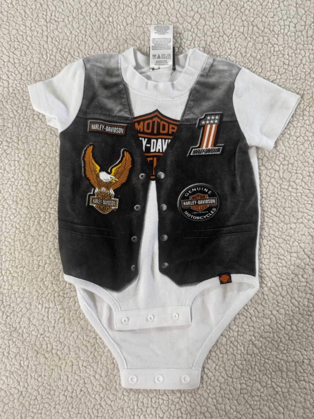 Harley-Davidson White Onesie with Black Vest and Orange Accents